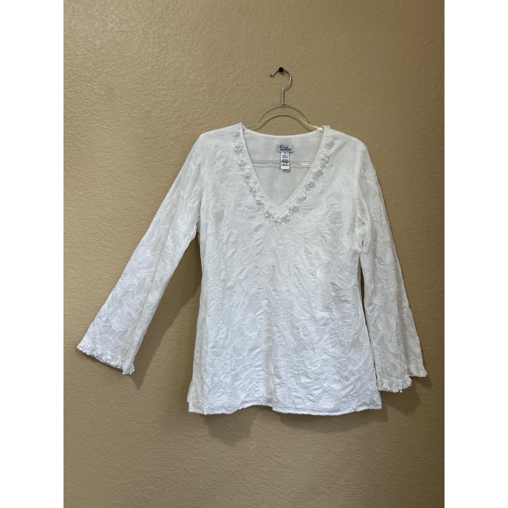 Lilly Pulitzer White Label M Cotton Seashell  Embroidered Beaded Tunic Vintage